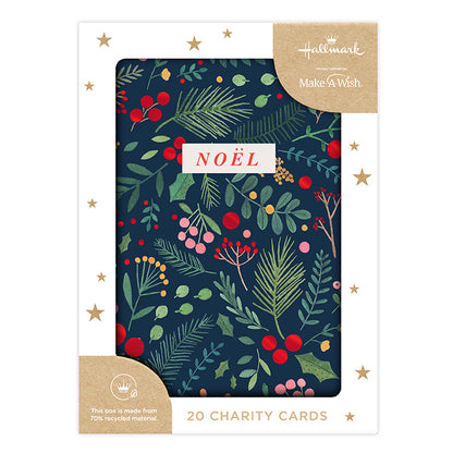 Hallmark Boxed Christmas Cards 20 Pack - Christmas Wishes, featuring a dark floral design with red berries and the text ‘Noël’ on the cover.