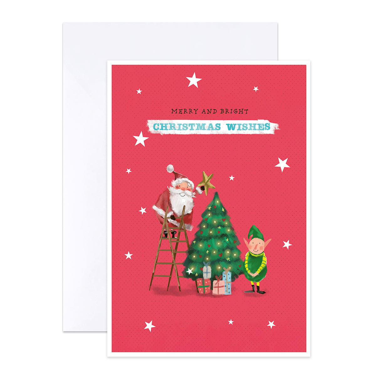 Hallmark Boxed Christmas Cards 10 Pack - Enjoy Every Minute featuring Santa and an elf with a Christmas tree on a red background. Angled view.