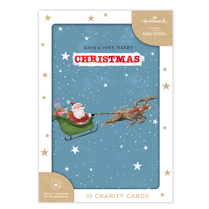 Hallmark Boxed Christmas Cards 10 Pack - Enjoy Every Minute with Santa in sleigh design and stars, featuring vibrant colours and charity message.