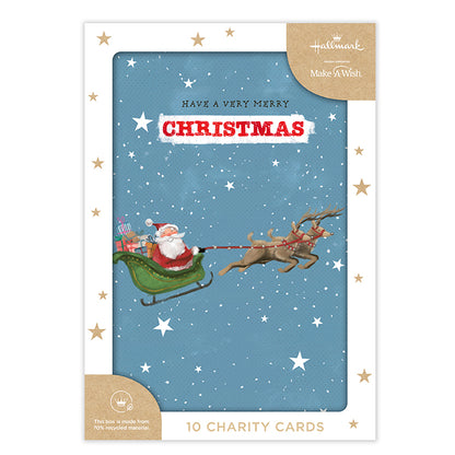 Hallmark Boxed Christmas Cards 10 Pack - Enjoy Every Minute with Santa in sleigh design and stars, featuring vibrant colours and charity message.