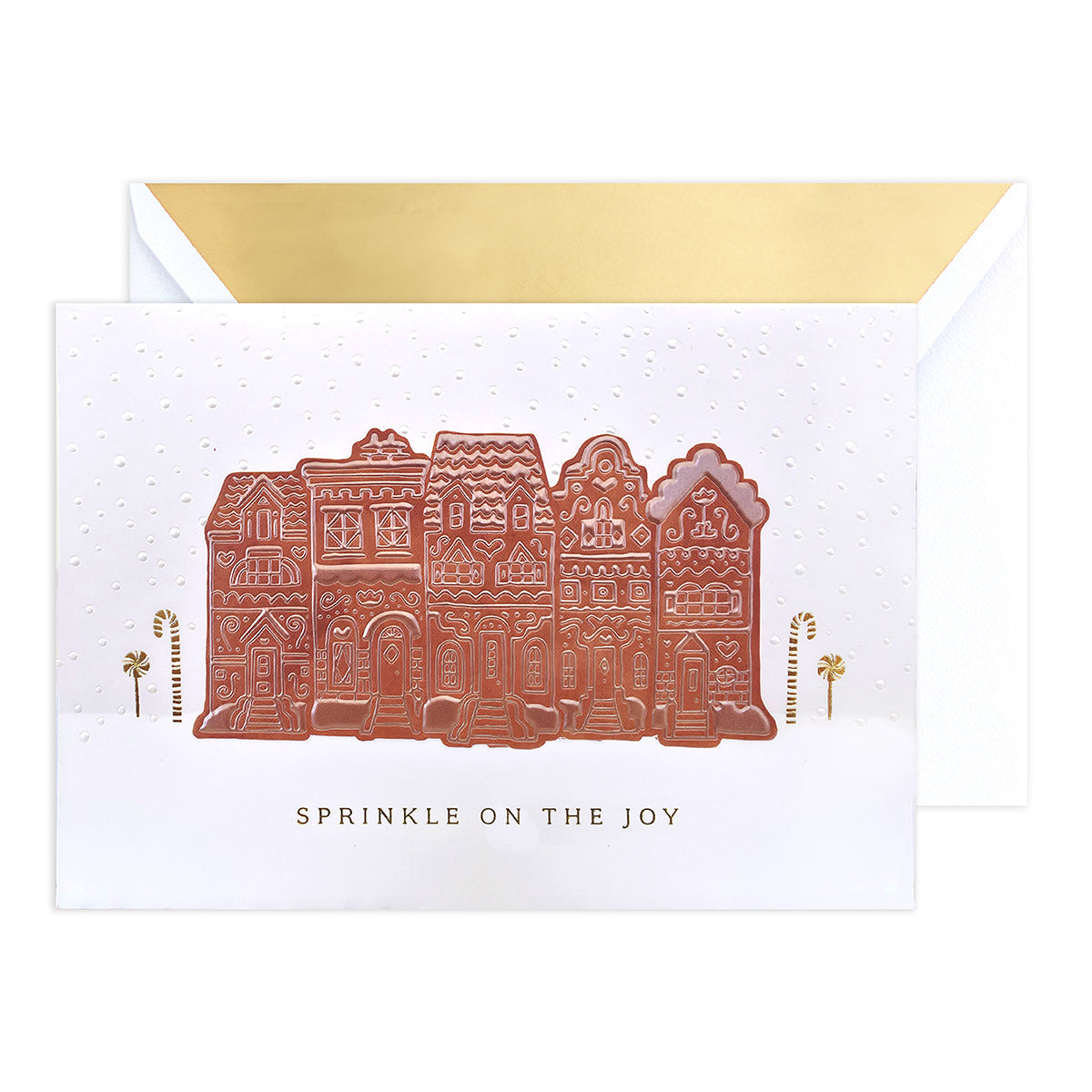 Hallmark Signature Boxed Christmas Cards 8 Pack - Gingerbread Houses featuring embossed gingerbread townhouses with a gold foil accent.