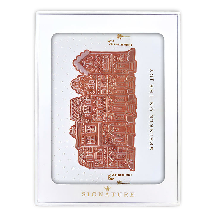Hallmark Signature Boxed Christmas Cards 8 Pack - Gingerbread Houses, front view of card featuring embossed gingerbread townhouses with gold foil accents.