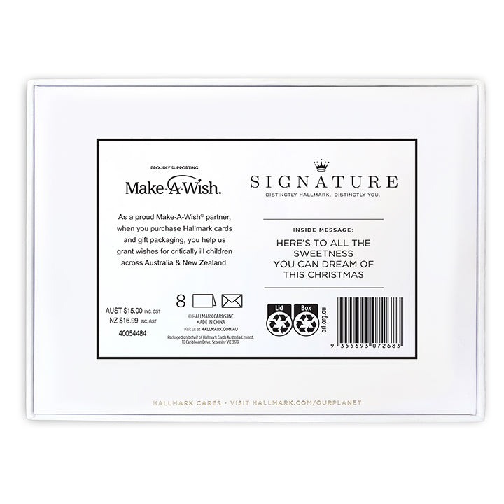 Hallmark Signature Boxed Christmas Cards 8 Pack - Gingerbread Houses, rear packaging view, featuring Make-A-Wish partnership details and inside message.
