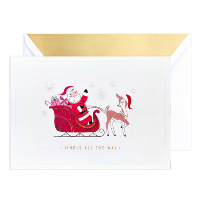 Hallmark Signature Boxed Christmas Cards 8 Pack - Santa's Sleigh featuring Santa Claus in sleigh with deer, embossed details, flat lay view