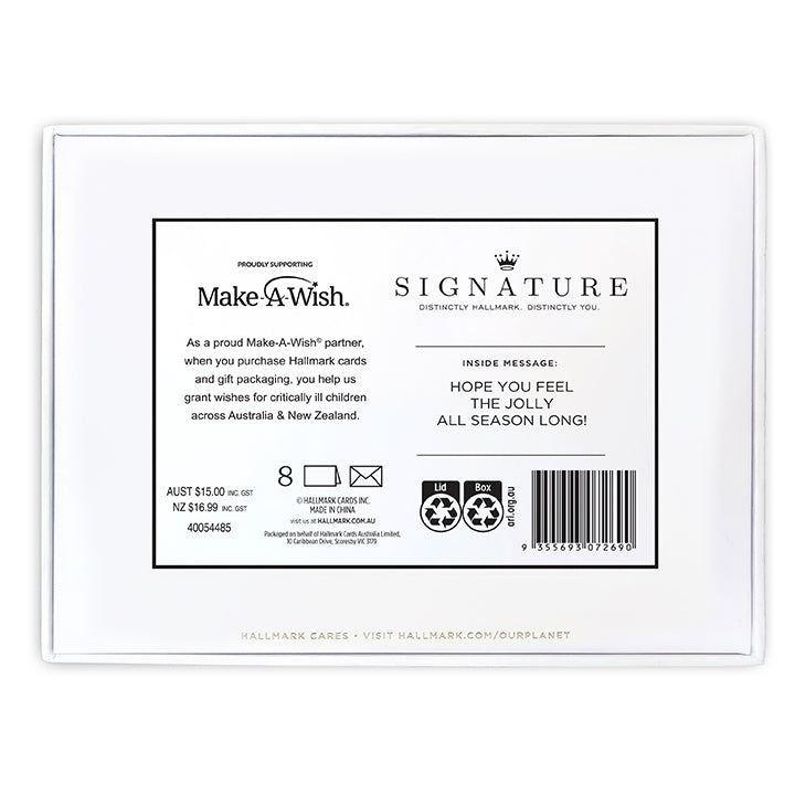 Hallmark Signature Boxed Christmas Cards 8 Pack - Santa's Sleigh, product packaging featuring Make-A-Wish partnership and inside message.