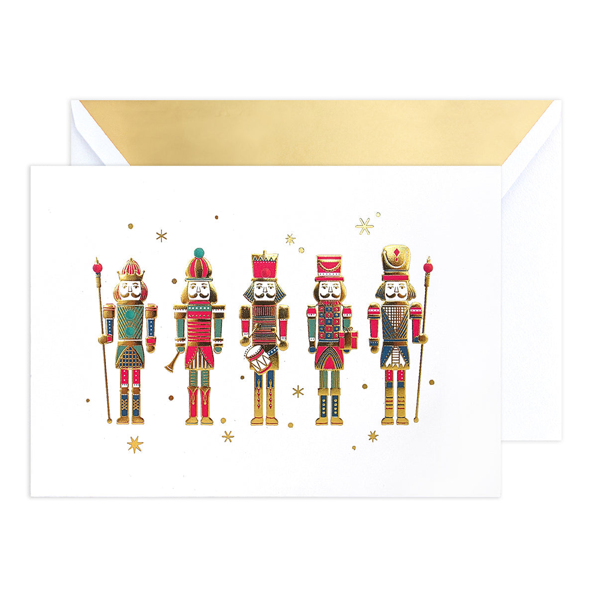 Hallmark Signature Boxed Christmas Cards 8 Pack - Nutcrackers featuring embossed nutcracker illustrations and gold foil highlights, flat lay view with envelope.