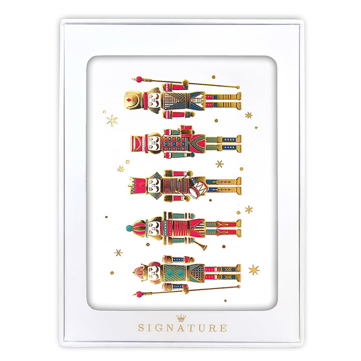 Hallmark Signature Boxed Christmas Cards 8 Pack - Nutcrackers featuring colourful nutcracker illustrations with gold foil details in a window box.