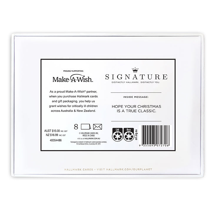 Hallmark Signature Boxed Christmas Cards 8 Pack - Nutcrackers back view showing inside message, supporting Make-A-Wish, in Australian packaging.