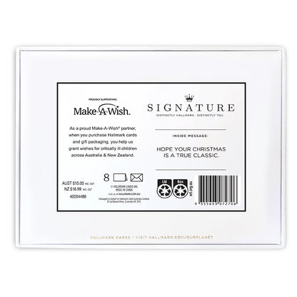 Hallmark Signature Boxed Christmas Cards 8 Pack - Nutcrackers back view showing inside message, supporting Make-A-Wish, in Australian packaging.