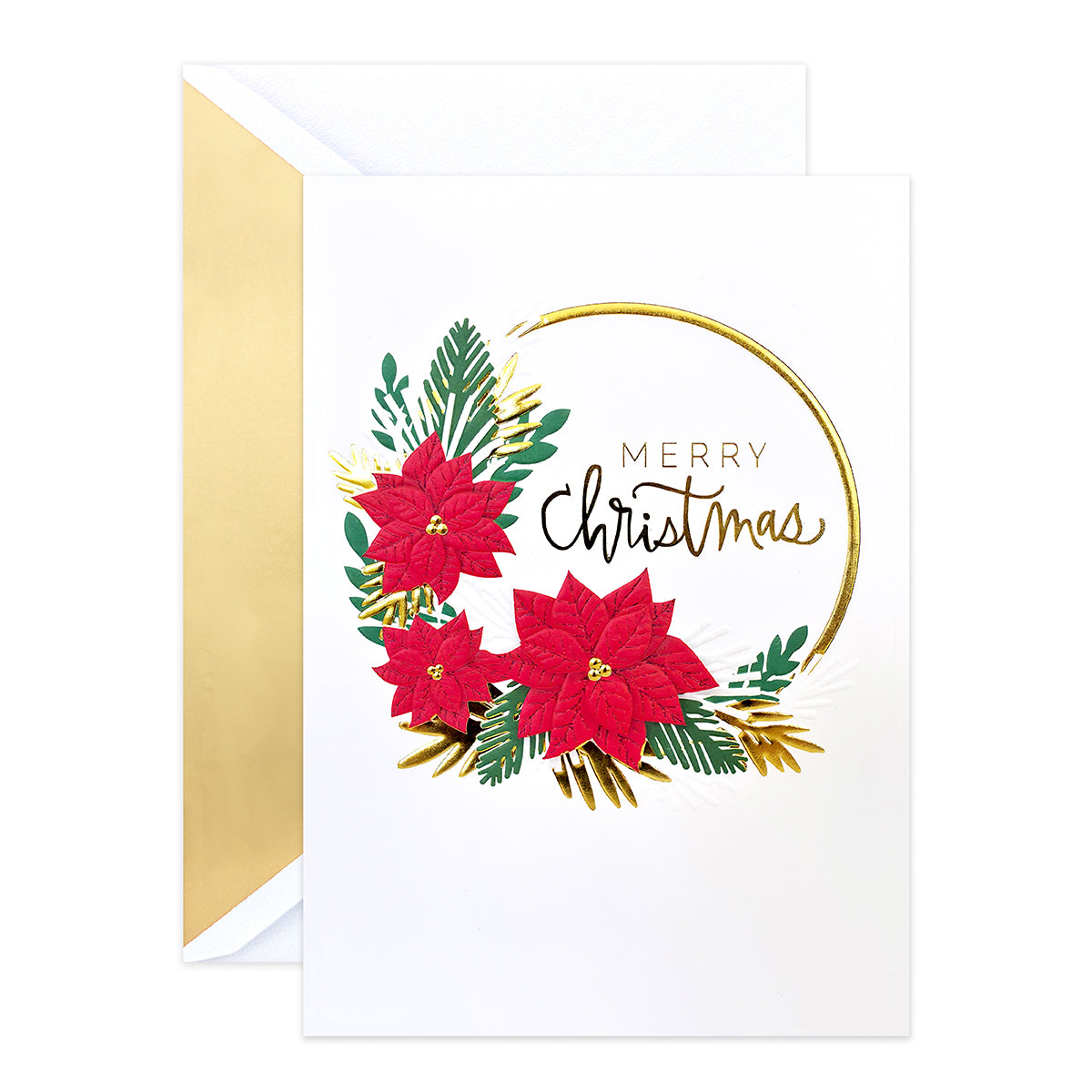 Hallmark Signature Boxed Christmas Cards 8 Pack - Poinsettia Wreath featuring embossed poinsettias, gold foil accents, and festive greenery in a flat lay presentation.