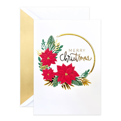 Hallmark Signature Boxed Christmas Cards 8 Pack - Poinsettia Wreath featuring embossed poinsettias, gold foil accents, and festive greenery in a flat lay presentation.