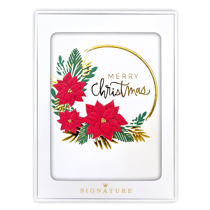 Hallmark Signature Boxed Christmas Cards 8 Pack - Poinsettia Wreath with embossed poinsettia wreath and gold foil details in flat lay view.