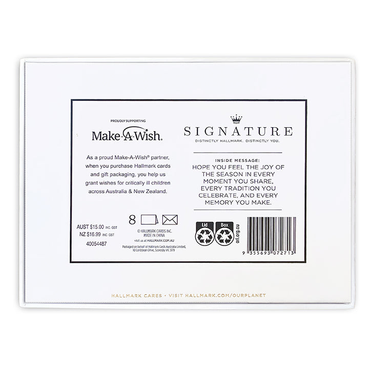 Hallmark Signature Boxed Christmas Cards 8 Pack - Poinsettia Wreath back of card details, including message and Make-A-Wish partnership.