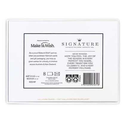 Hallmark Signature Boxed Christmas Cards 8 Pack - Poinsettia Wreath back of card details, including message and Make-A-Wish partnership.