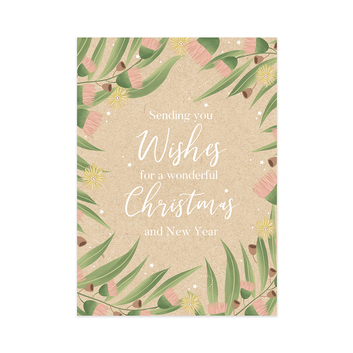 Hallmark Boxed Christmas Cards 10 Pack - Gumnut Blossoms featuring gumnut leaves and blossoms with festive message on kraft background.