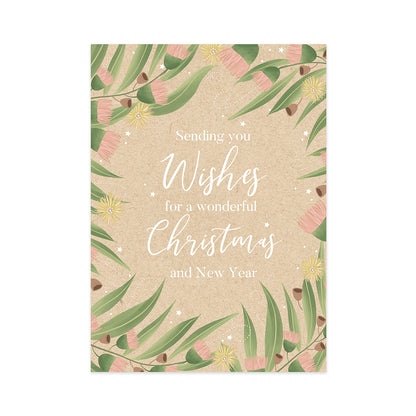 Hallmark Boxed Christmas Cards 10 Pack - Gumnut Blossoms featuring gumnut leaves and blossoms with festive message on kraft background.