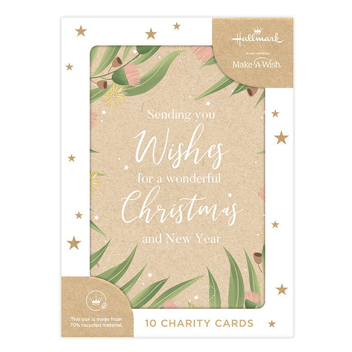 Hallmark Boxed Christmas Cards 10 Pack - Gumnut Blossoms with floral design and festive gold stars on textured background.