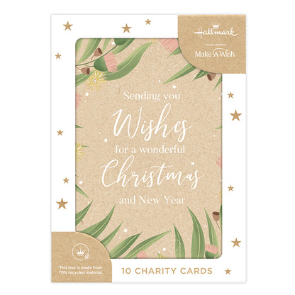 Hallmark Boxed Christmas Cards 10 Pack - Gumnut Blossoms with floral design and festive gold stars on textured background.