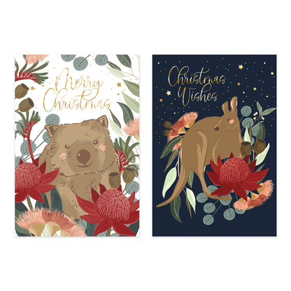 Hallmark Boxed Christmas Cards 10 Pack - Wombat & Kangaroo featuring illustrations of a wombat and kangaroo surrounded by native flora.