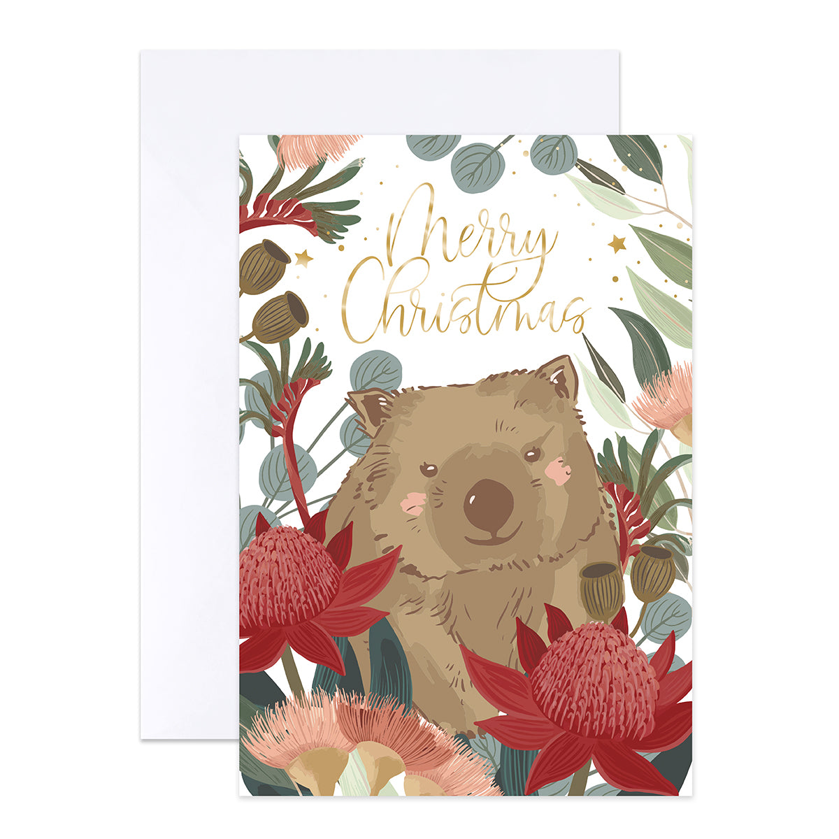 Hallmark Boxed Christmas Cards 10 Pack - Wombat & Kangaroo featuring a wombat surrounded by native flowers and gold foil lettering.