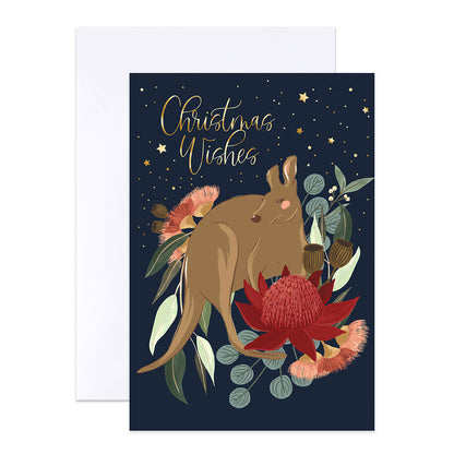 Hallmark Boxed Christmas Cards 10 Pack - Wombat & Kangaroo featuring a kangaroo illustration with florals and stars, navy background, flat layout.
