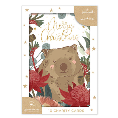 Hallmark Boxed Christmas Cards 10 Pack - Wombat & Kangaroo featuring a cute wombat illustration, gold foil text, and Australian flora design.