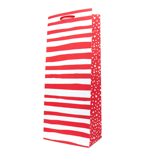 Hallmark Bottle Bag - Red & White Stripe, tall gift bag with red and white stripes and polka dots, angled view.
