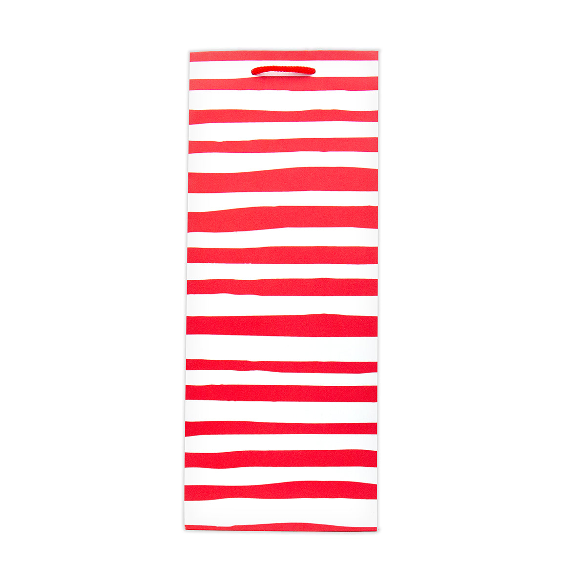 Hallmark Bottle Bag - Red & White Stripe, tall gift bag with red and white striped design and red cord handle, flat view.