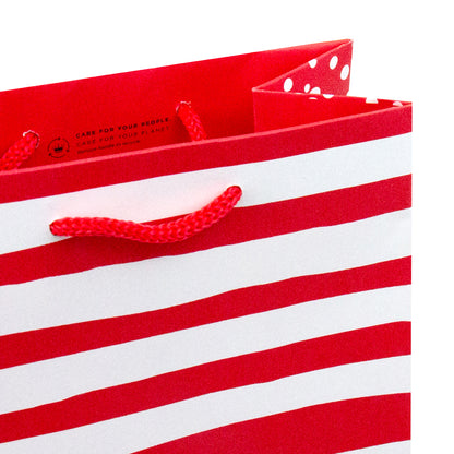 Hallmark Bottle Bag - Red & White Stripe with red cord handles and white polka dot interior detail, perfect for gifting.