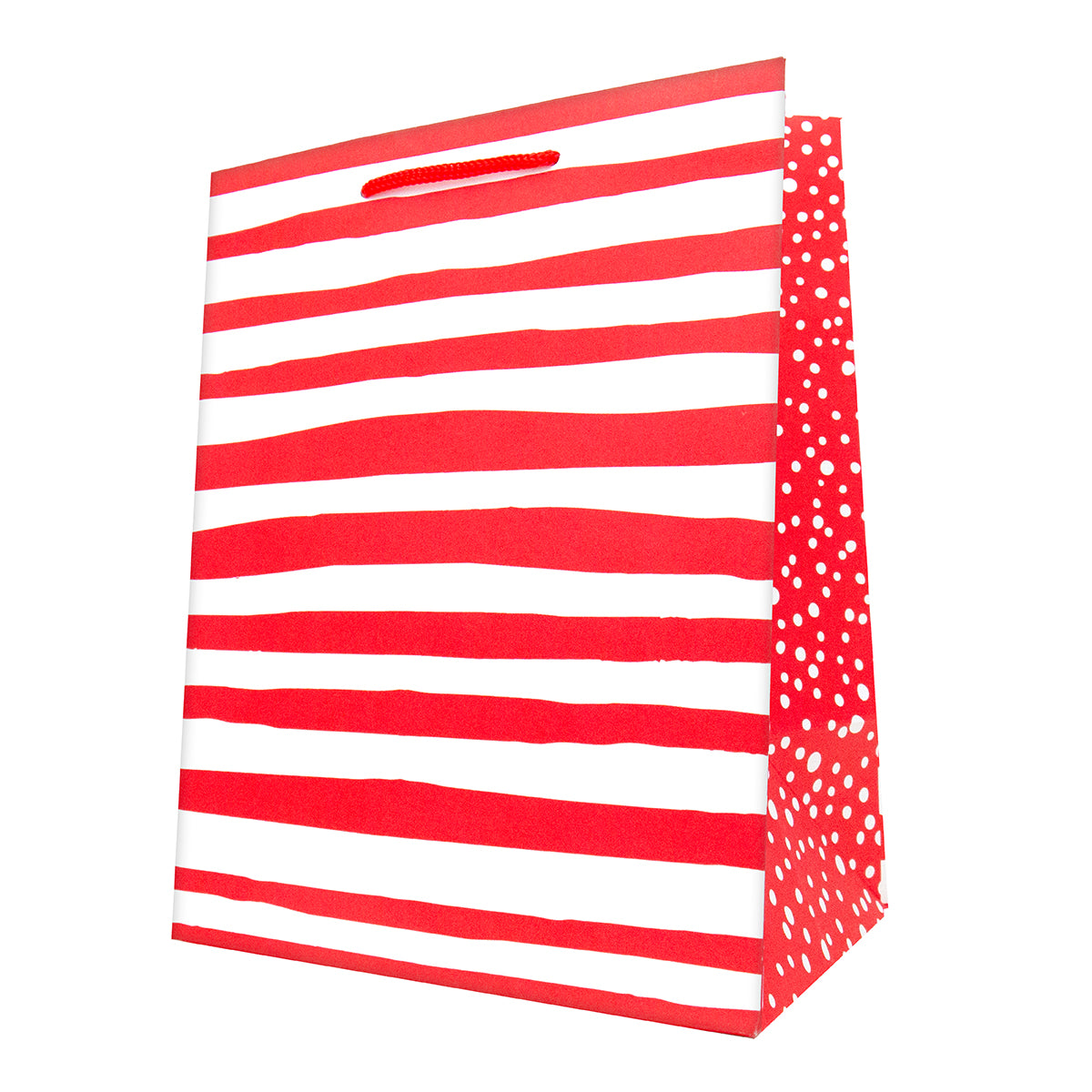 Hallmark Medium Gift Bag - Red & White Strip with red cord handles and red and white striped design, angled view