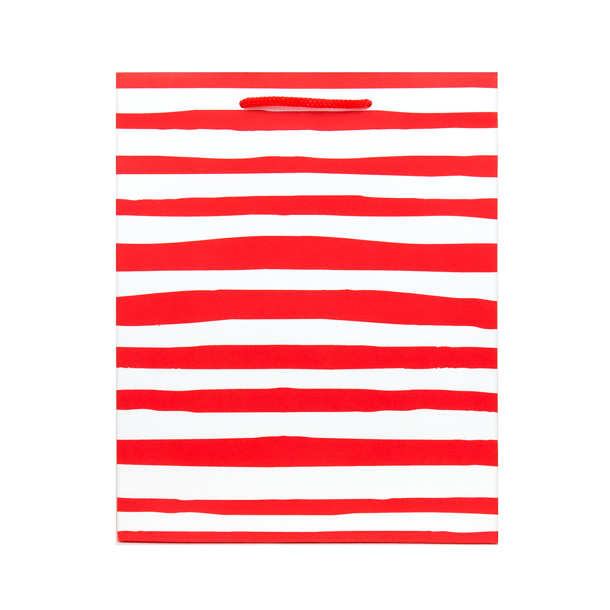 Hallmark Medium Gift Bag - Red & White Strip featuring bold red and white stripes and red cord handles, front view.