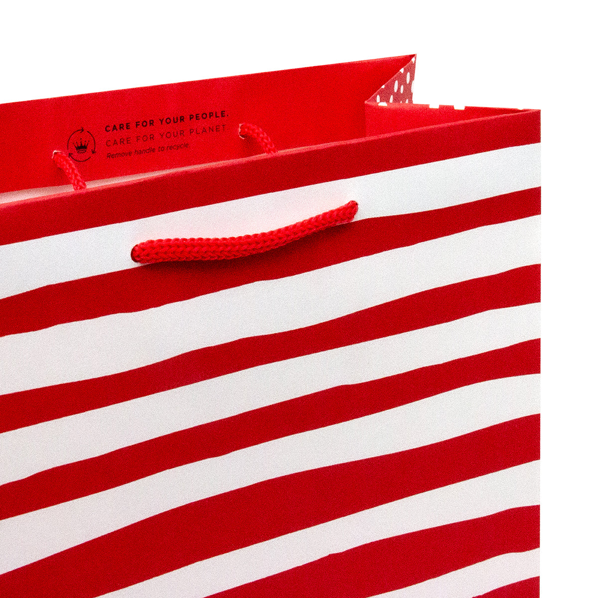 Hallmark Medium Gift Bag - Red & White Strip with red cord handles and top opening, showcasing bold striped design.