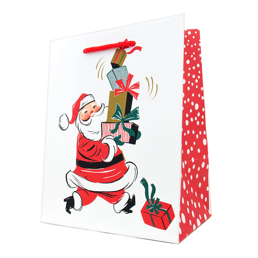 Hallmark Small Gift Bag - Santa & Gifts, small size, colourful retro design with Santa holding gifts, red cord handle.