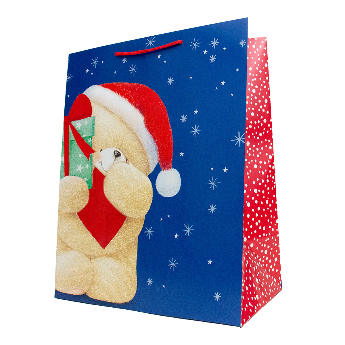 Hallmark Large Forever Friends Christmas Gift Bag - Christmas Bear featuring a plush bear in a Santa hat with festive wrapping, side view.