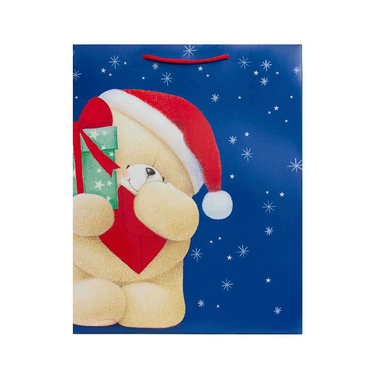 Hallmark Large Forever Friends Christmas Gift Bag - Christmas Bear features a bear in a Santa hat, holding a gift, against a blue background.