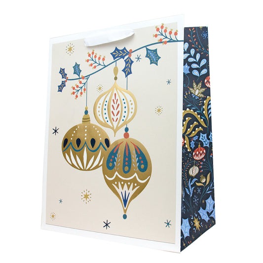Hallmark Large Christmas Gift Bag - Baubles & Holly, large size, featuring gold foil baubles illustration and holly design.