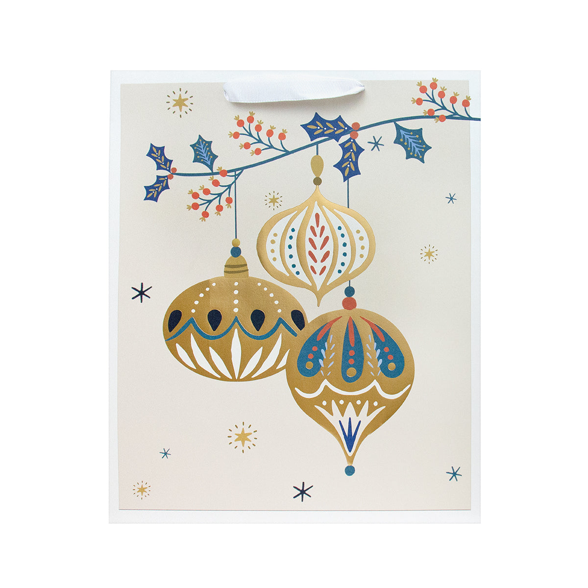 Hallmark Large Christmas Gift Bag - Baubles & Holly, large gift bag with gold foil baubles illustration, flat lay view