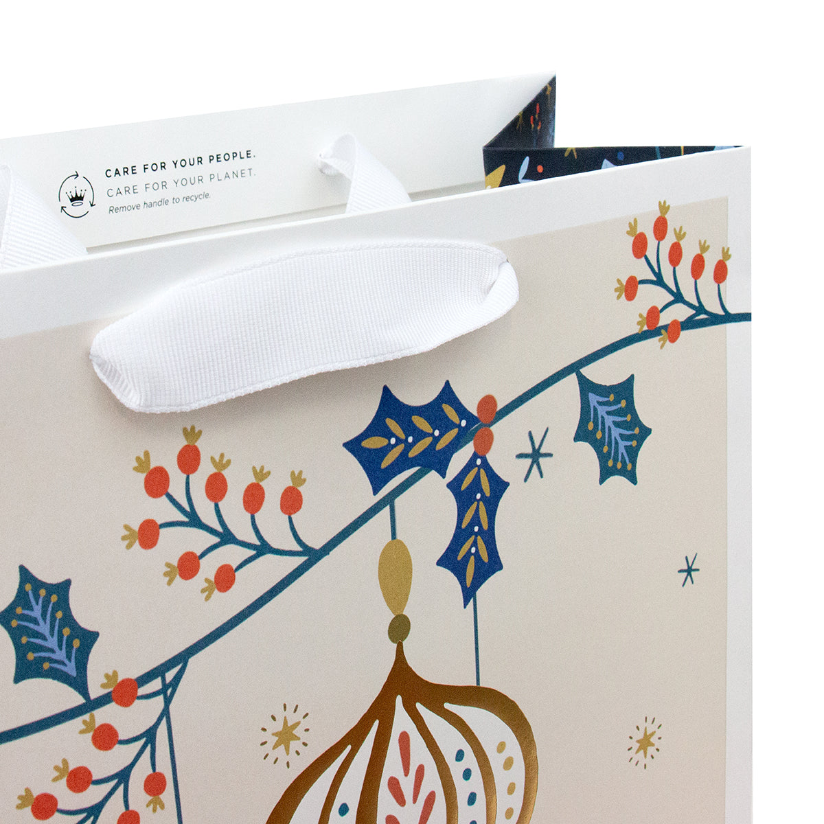 Hallmark Large Christmas Gift Bag - Baubles & Holly featuring gold foil baubles and holly design with white grosgrain handles.