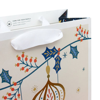Hallmark Large Christmas Gift Bag - Baubles & Holly featuring gold foil baubles and holly design with white grosgrain handles.
