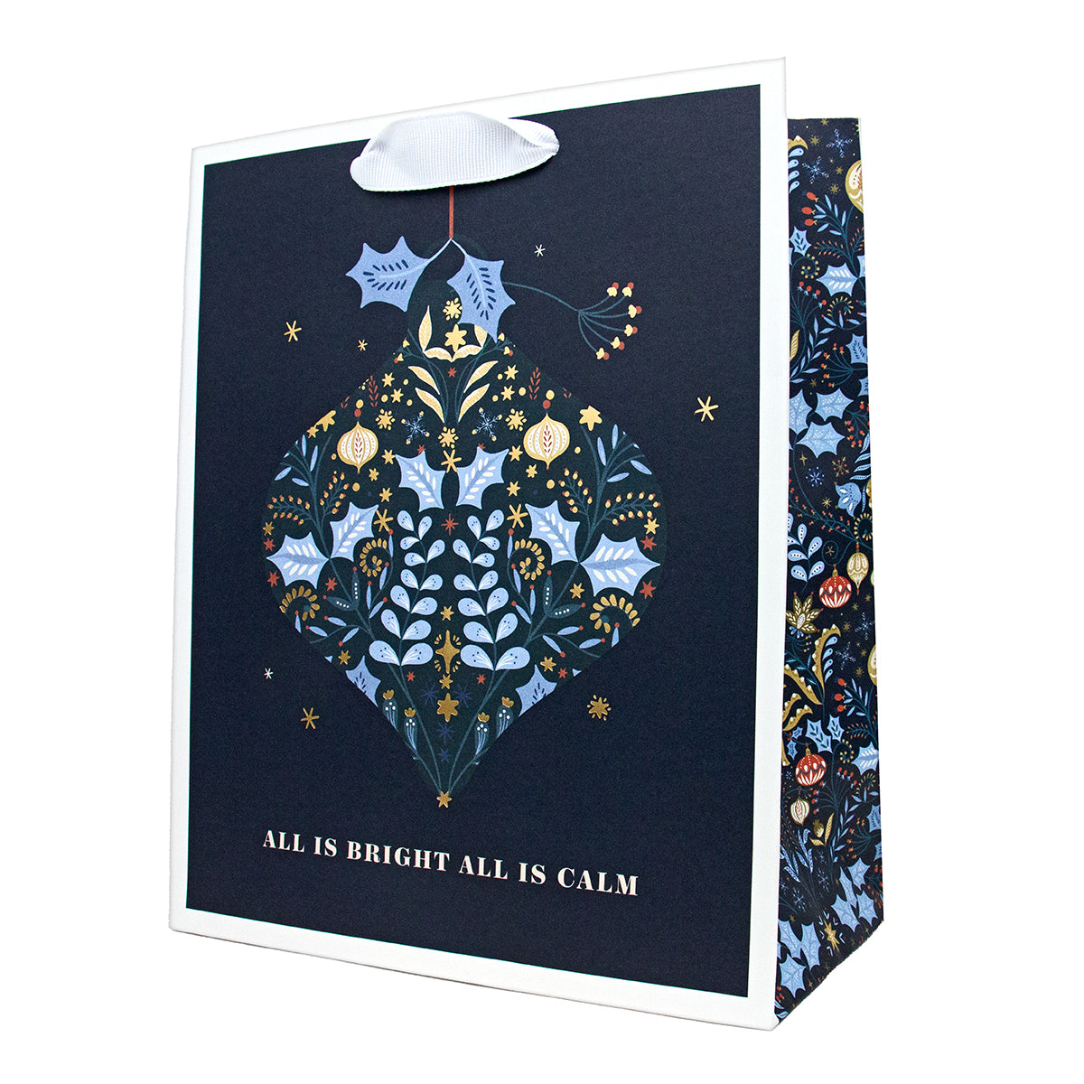Hallmark Medium Gift Bag - All Is Bright, All Is Calm features a stunning bauble design with gold foil details, 24.4cm high.