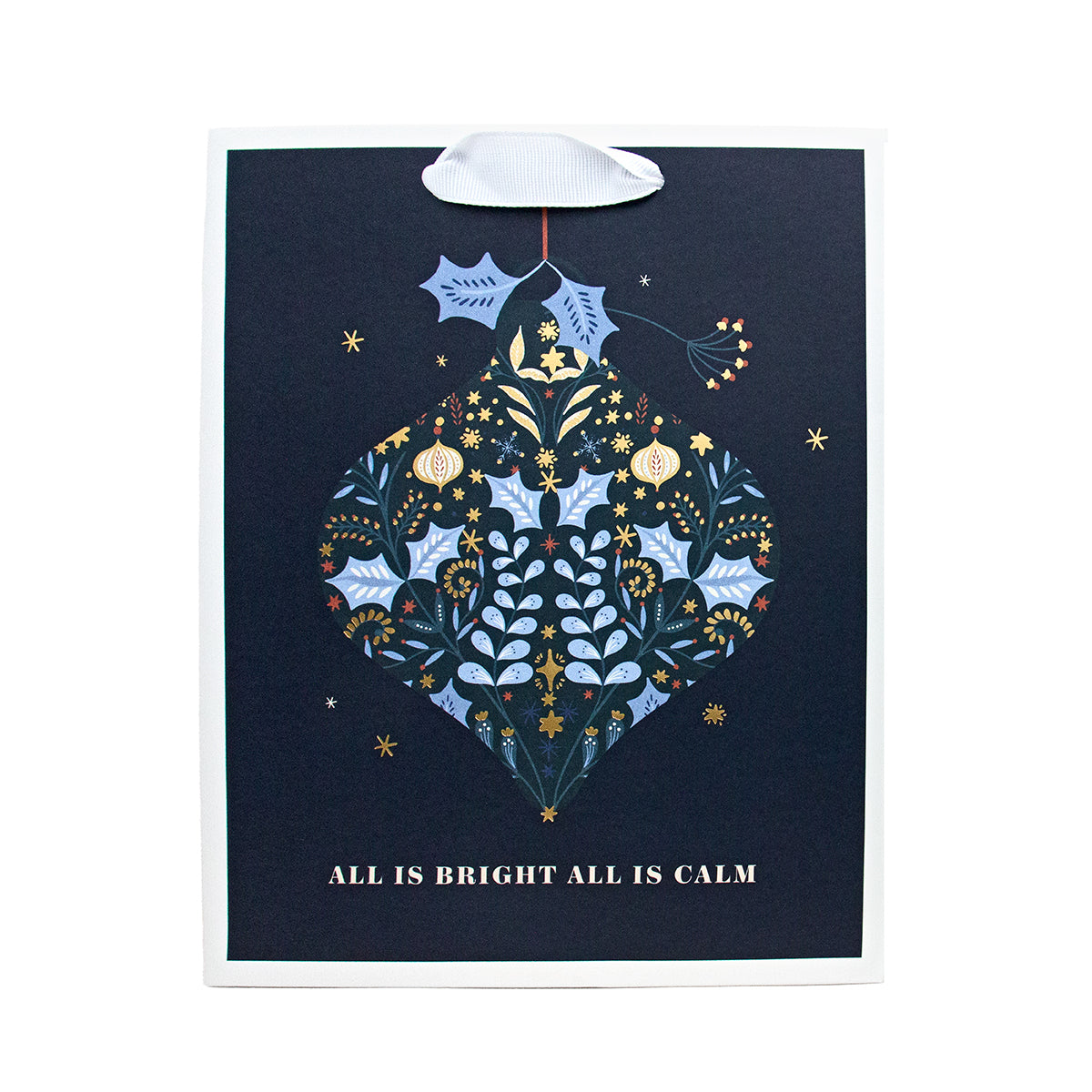 Hallmark Medium Gift Bag - All Is Bright, All Is Calm, featuring a decorative bauble design and gold foil accents on a dark background.