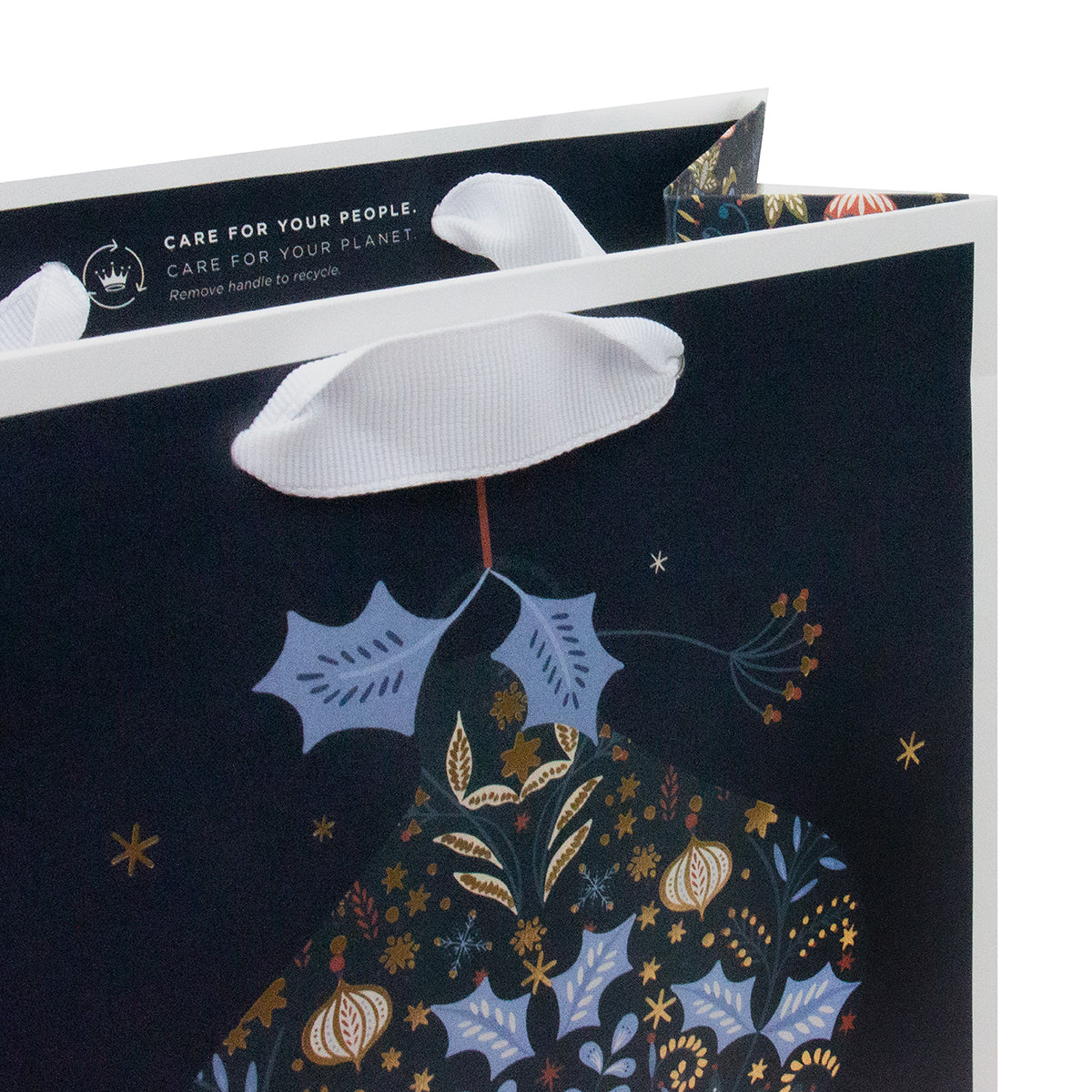 Hallmark Medium Gift Bag - All Is Bright, All Is Calm with white grosgrain handles and floral bauble design, close up view.