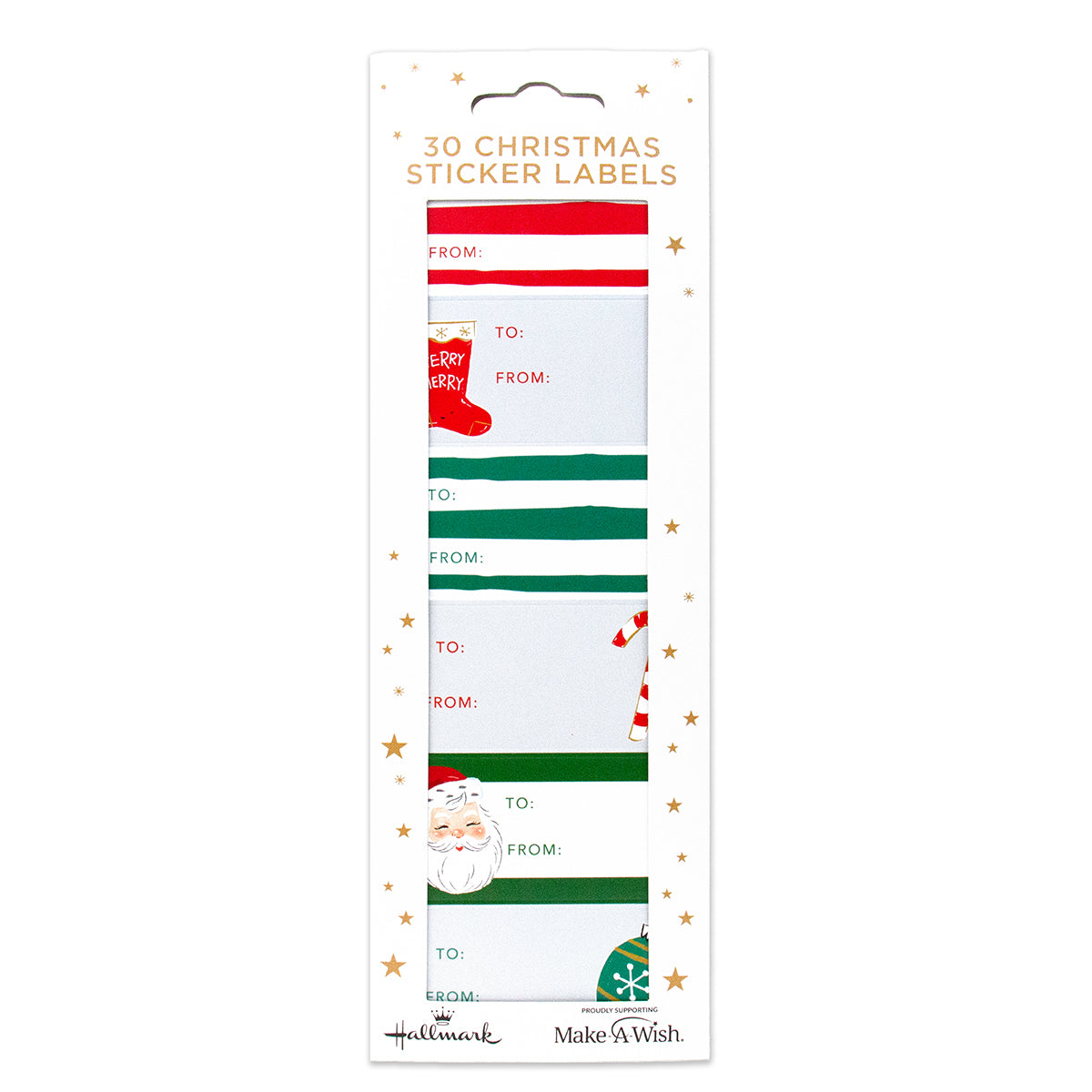 Hallmark Christmas Sticker Labels 30 Pack - Colourful & Classic, featuring vibrant designs with Santa and stockings in a flat lay display.