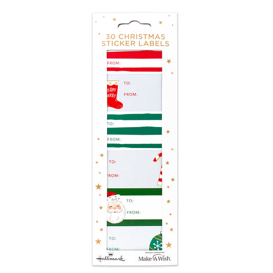 Hallmark Christmas Sticker Labels 30 Pack - Colourful & Classic, featuring vibrant designs with Santa and stockings in a flat lay display.