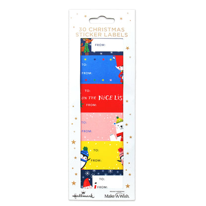 Hallmark Christmas Sticker Labels 30 Pack - Cheerful & Fun, flat lay of colourful labels featuring Santa, penguins, and festive designs.