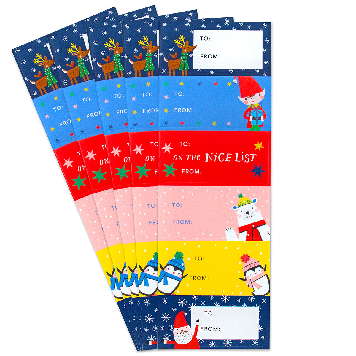 Hallmark Christmas Sticker Labels 30 Pack - Cheerful & Fun, colourful sheets featuring reindeer, elves, and polar bears with gift tags.