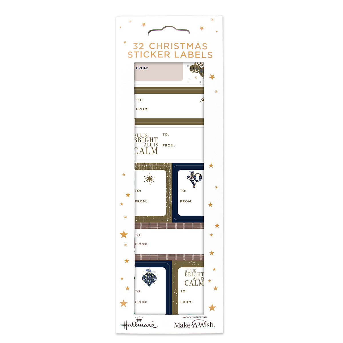 Hallmark Christmas Sticker Labels 32 Pack - Bright & Calm, featuring elegant designs with gold and navy blue stickers, displaying festive messages.