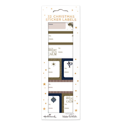 Hallmark Christmas Sticker Labels 32 Pack - Bright & Calm, featuring elegant designs with gold and navy blue stickers, displaying festive messages.