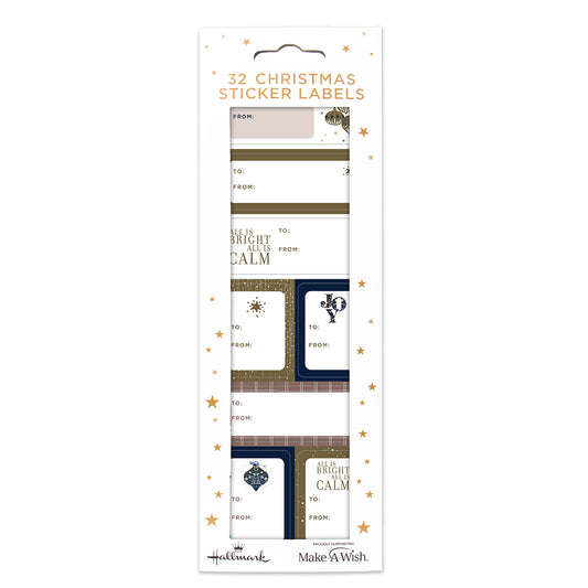 Hallmark Christmas Sticker Labels 32 Pack - Bright & Calm, featuring elegant designs with gold and navy blue stickers, displaying festive messages.