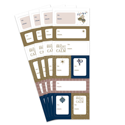 Hallmark Christmas Sticker Labels 32 Pack - Bright & Calm, featuring decorative labels with festive designs, flat lay of four sheets.